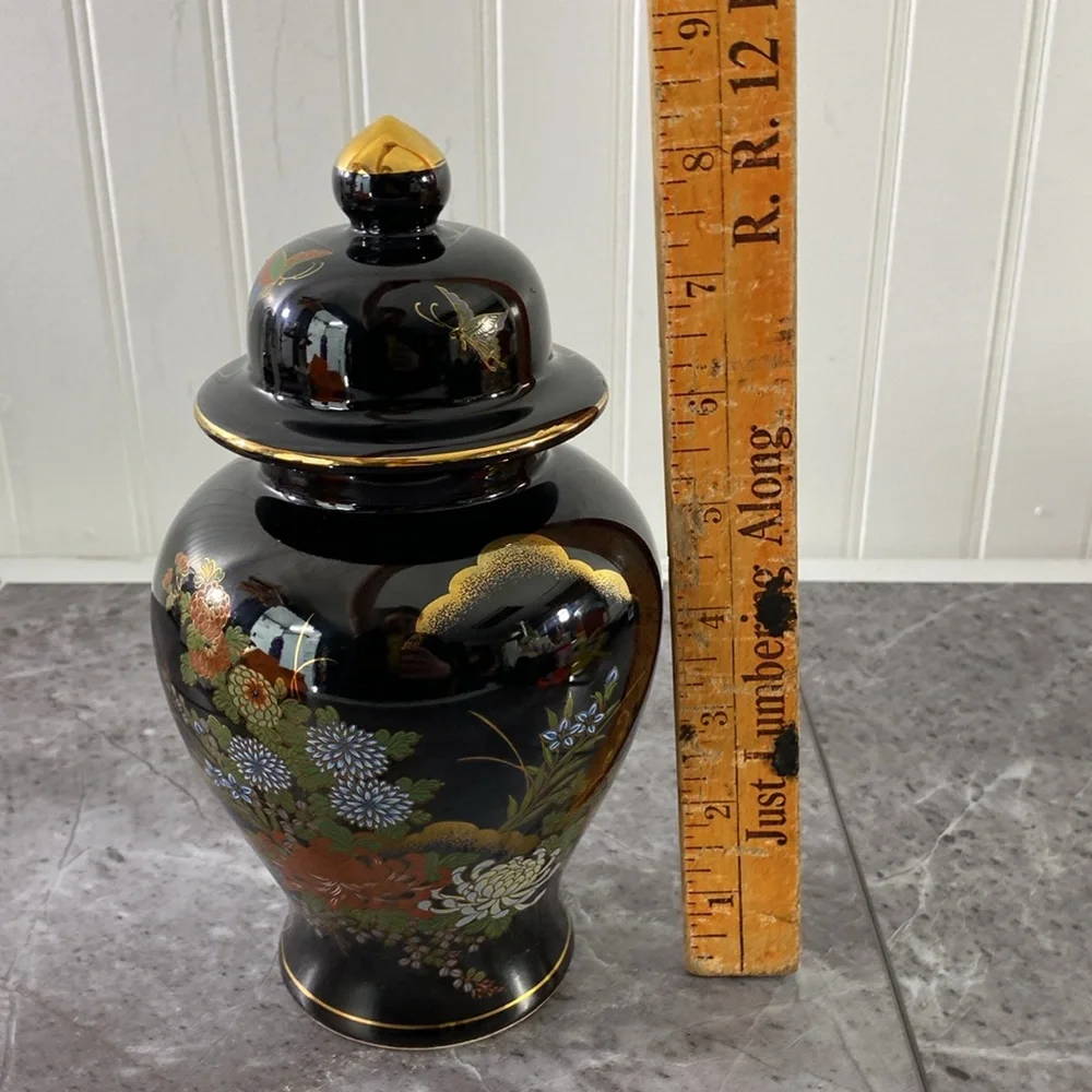 VTG Sato Gordon Japan Ginger Jar Black Gold Peonies Bird Asian Elegant‎ Floral